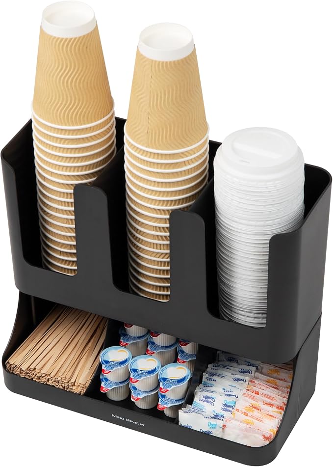 Mind Reader Condiment Station, 13 Inch Countertop Coffee Bar Organizer with 6 Compartments, Storage Caddy for Cups, Lids and Packets, Plastic, Black