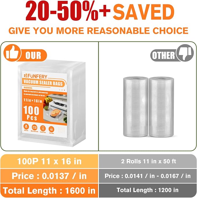 FUNFERY 100 Precut Gallon 11" x 16" BPA-Free Vacuum Sealer Bags for Food | Commercial-Grade Bags for Long-Term Food Storage, Microwave, Boiling, Sous Vide and Refrigerator Storage