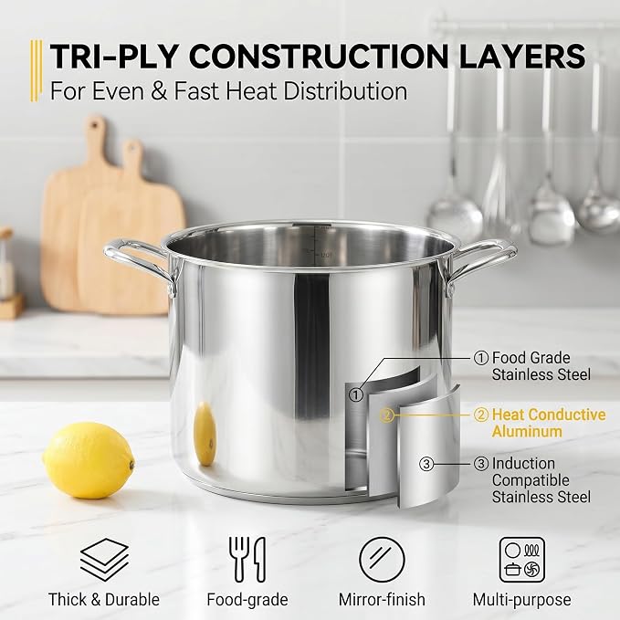 Homikit Large Stock Pot 14 Quart, Stainless Steel Chicken Soup Pot with Lid for Canning Steaming Stewing, Tri-ply Heavy Bottom Cooking Boiling Pasta Induction Stockpot, Dishwasher Safe