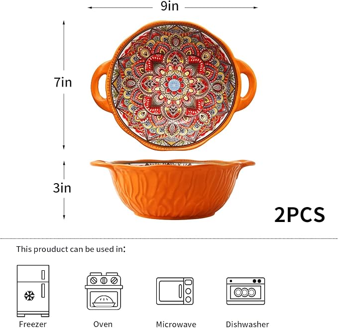 2 Pack Boho Ceramic Serving Bowls with Handles, 40 Oz Porcelain Salad Bowls, Large Serving Dishes for Entertaining, Mixing Bowls for Soup, Stew, Pasta, Cereal, Colorful Embossed Cute Bowls Set MLKS