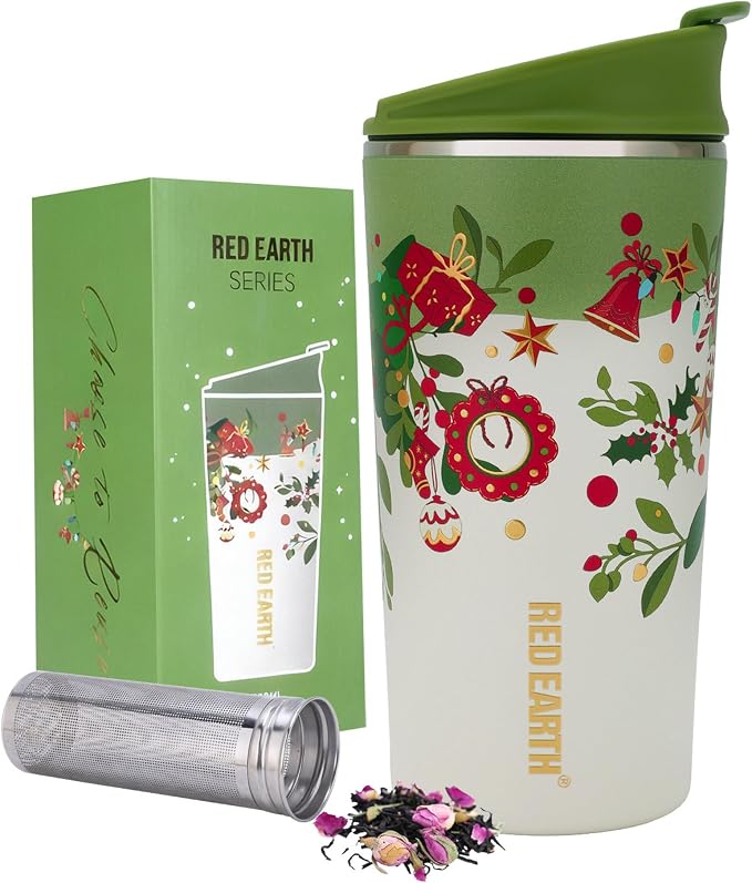 GiNT 17oz Christmas Tea Cup with Infuser and Lid - 4D Gold Foil Pattern (Bells & Holly), 316 Stainless Steel Double Wall Vacuum Insulated Travel Tea Mug, Leak-Free, for Commuting/Camping Gifts