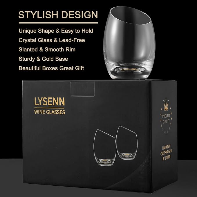 Lysenn Slanted Wine Glasses Set of 2, Hand Blown Stemless Cocktail Glasses | 10oz, Unique Design, Gold Base, Premium Quality, for Brandy, Bourbon and Whiskey, Home Bar Hosts, Dinner Party, Ideal Gift