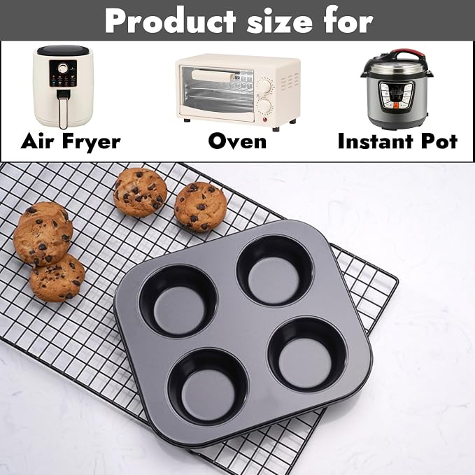 6 Pack Air Fryer Muffin Pan, 4 Cup Non-Stick Baking Pan | Carbon Steel Small Oven Muffin Tin, Round Cupcake Bakeware Cake Mould for Egg Muffin, Quiches, Frittatas
