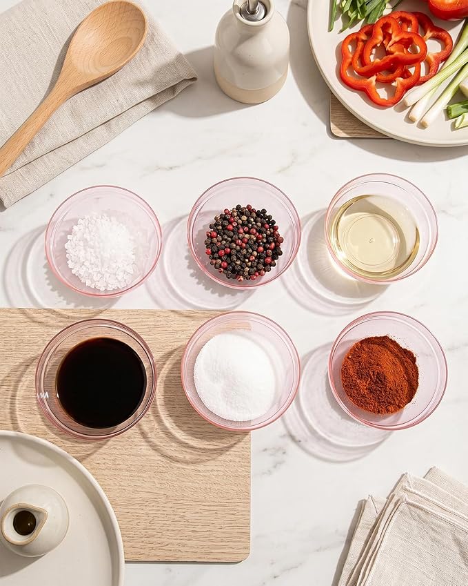 bUCLA 50 Pack Plastic Prep Bowl Sets, 6oz Clear Pink Small Pinch Bowls | Small Bowls for Salt, Spices, Chopped Ingredients, Dipping Sauces, Ice Cream Toppings, Pudding