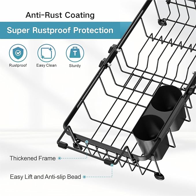 Small Sink Dish Drying Rack - 9" W Expandable for RV Apartment | Twist-Lock Adjustment, Removable Utensil Holder, Handles with Non-Slip Beads, Rust-Resistant, Space-Saving for Kitchen