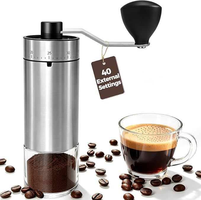 YQE Mini Manual Coffee Grinder with 40 External Grind Settings, Ceramic Conical Burr Hand Coffee Grinder, Portable Coffee Bean Mill for Espresso, Pour Over, French Press, Camping, Travel