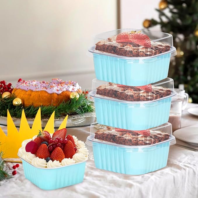 30Pack 5oz Mini Cake Pans with Lids Baking Cups Aluminum Foil Pans Tins, Individual Dessert Cups Containers for Sales,Party,Picnics Sky Blue