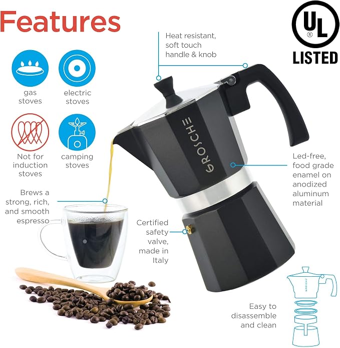 GROSCHE Milano Stovetop Espresso Maker Moka Pot 6 espresso Cup, 9.3oz Black | Cuban Coffee Maker And Italian Moka Pot For Stovetop Espresso; For Gas, Electric, And Propane Stoves With A Soft-Touch Handle