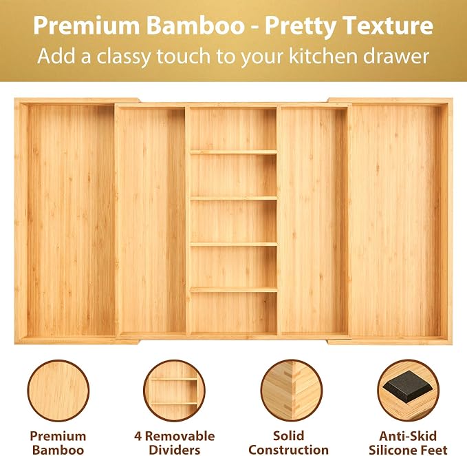 Extra Large Expandable Kitchen Drawer Organizer for Utensil and Junk, 19" Deep for Big Drawer, 19" to 33" Adjustable Bamboo Wood Drawer Divider, Cutlery Tray, Flatware Holder