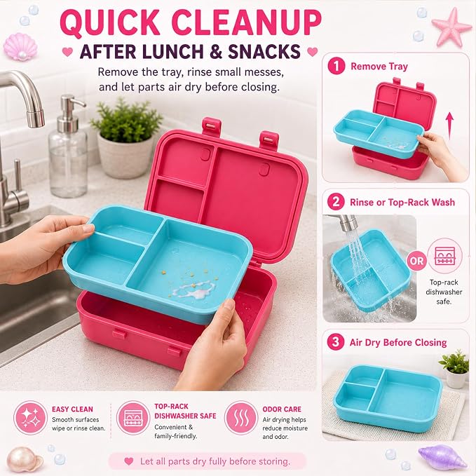 MISS BIG Microwave Safe Bento Box for Kids, Pink Mermaid Unicorn, 800ml | Kids lunch box with 3 compartments for preschool, daycare, school meals, snacks, and everyday kid portions