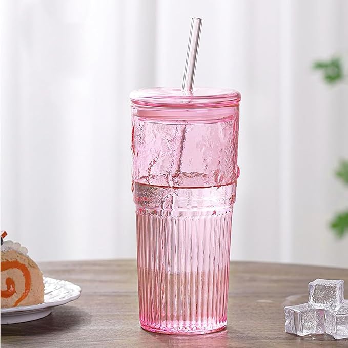 JunVpic Glass Coffee Tumbler, 20 oz Glass Cup with Lid and Straw | Pink glass design, Hammered Texture, reusable straw and lid for iced coffee, tea, smoothies and hot & cold drink