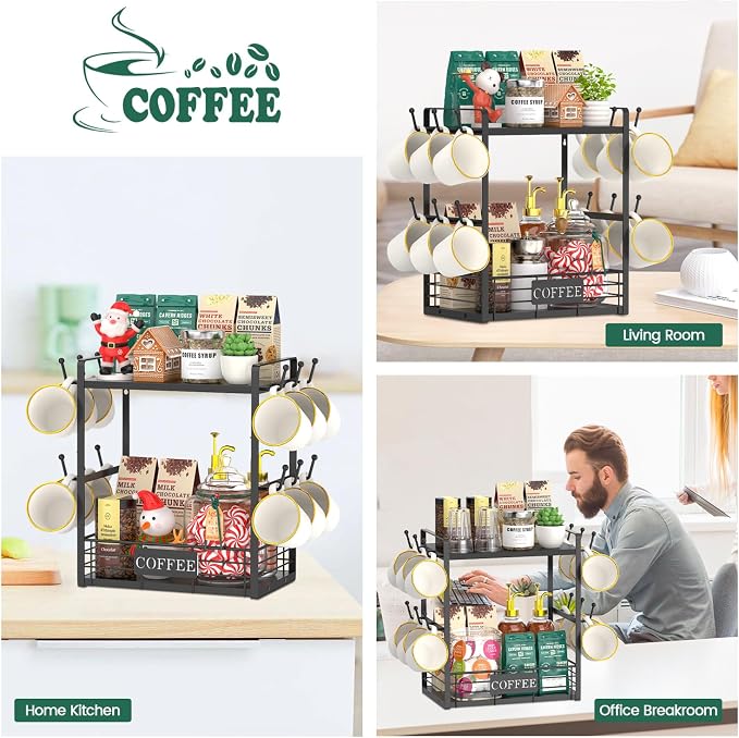 EsLuker.ly Coffee Mug Cup Holder Tree Bar Station Organizer, 2 Tier Black | Mug Stand Rack for Countertop Kitchen, Storage Tower Display Shelf with 12 Hooks, Coffee Nook Enhancer
