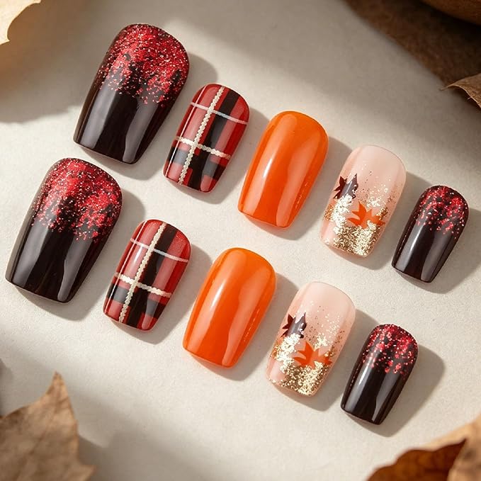 Fall Press on Nails Medium Square Fake Nails with Plaid Maple Leaves Glitter Designs Nails Press ons Orange Brown Acrylic Nails Full Cover Stick on Nails for Women 24 Pcs
