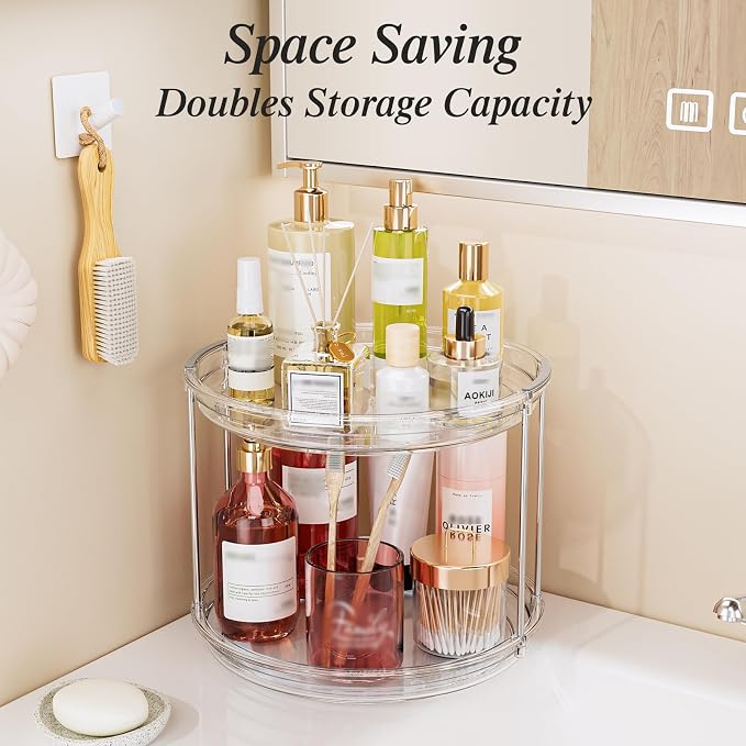 LAMU 4 Pack 10.6'' 2-Tier Lazy Susan Turntable Organizer Rotating Spice Rack Organization for Cabinet, Kitchen, Pantry, Countertop, Bathroom, Vanity, Makeup Organizer, Clear