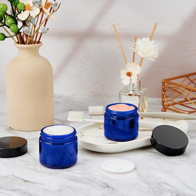 2oz Jars with Lids, Hoa Kinh 24 Pack Blue Cosmetic Glass Jars with Lids | Empty Cosmetic Containers Round Airtight Glass Jar with Inner Liners and Lid for Storing Lotions, Powders, and Ointments