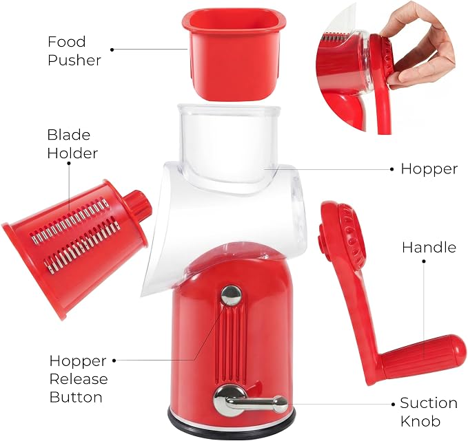 Rotary Cheese Grater Manual Hand Crank with 5 Blades & Suction Base, Kitchen Vegetable Shredder Slicer for Veggie, Nuts, Fruit, Red