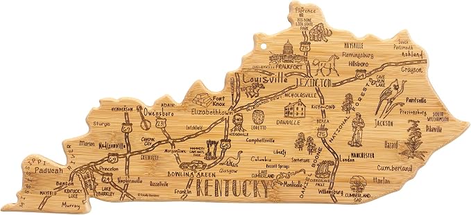 Totally Bamboo Destination Kentucky State Shaped Cutting Board | State charcuterie serving board with engraved map artwork. Smooth reverse side for food prep. Hang tie for wall display.