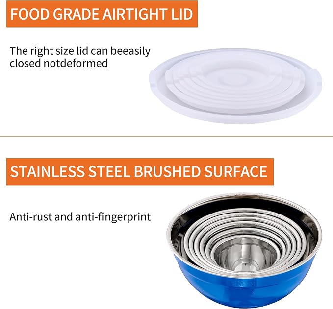 Blue Mixing Bowls With Airtight Lids,Stainless Steel Bowl,Salad Bowls 7 Piece Colorful Nesting Bowl Blue Kitchen Accessories,Size 7,3.6,2.7,2.1,1.5,1.1,0.8QT Stackable Design