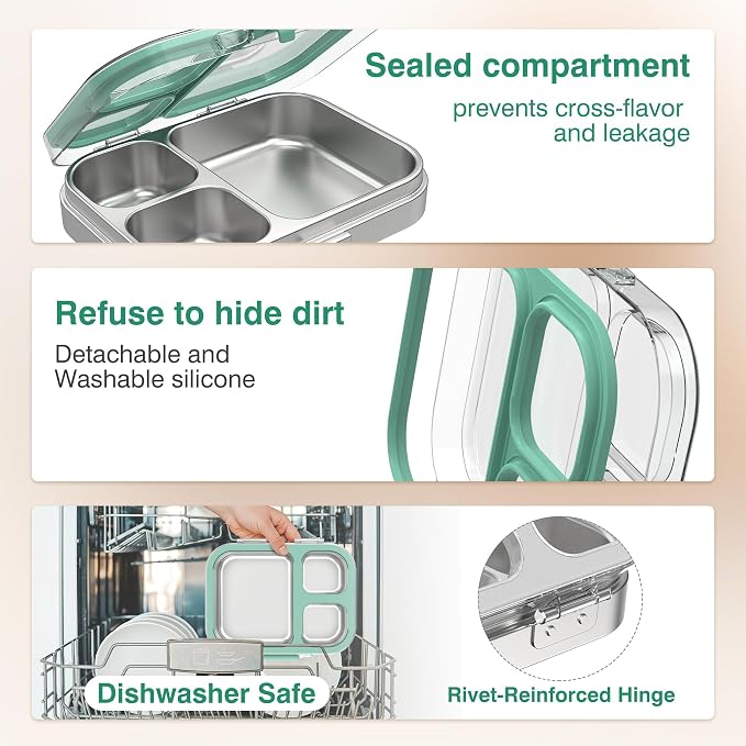 HOMEKOL Stainless Steel Bento Lunch Box, Green, 3.3Cups | 3-Compartment,Leak-Proof, for Kids & Adults, BPA-Free, Dishwasher Safe, Clear Tritan Lid, 800ml (Not Insulated)