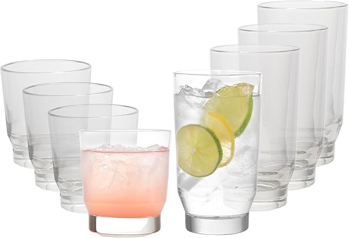Libbey Merida Mixed Drinkware Set of 8, Merida Cooler Glass Tumblers and Double Old Fashioned Rocks Glass Set, Dishwasher Safe Glassware Drinking Glasses Set