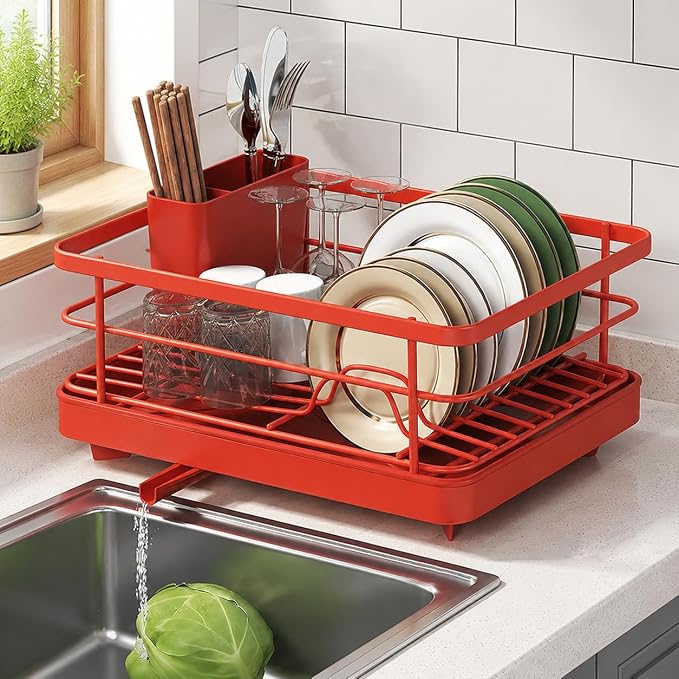 Dish Drying Rack for Kitchen Counter, Carbon Steel Sink Organizer with Drainboard & Cutlery Holder, Space-Saving Sturdy Metal Rack for Home Apartment (Red)