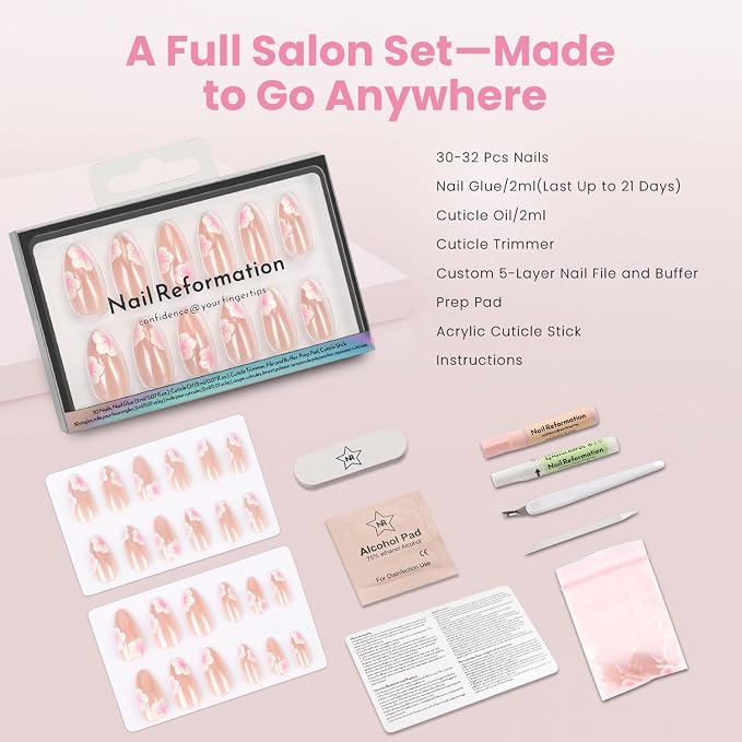 Nail Reformation Press On Nails, Sakura Glow | Medium Almond Fake Nails | Cherry Blossom on Glossy Pink, Salon Quality, Reusable Stick On Nails in 15 Sizes - 30 Nail Kit with Glue, Gifts for Women