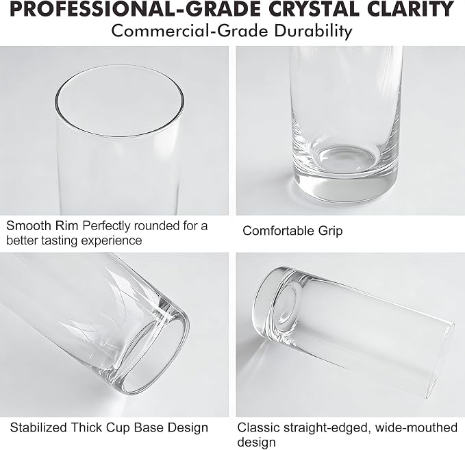 Highball Glasses Set of 6, Clear Drinking Glass for Mixed Drink | 13oz ,Cups for Cocktail, Beer, Mojito, Water and Juice,Thick Tall Glassware for Kitchen, Restaurant, Home Bar and Parties