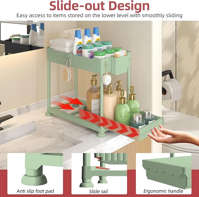 4-Pack 2-Tier Under Sink Organizer with Pull Out Drawers | Multi-use kitchen & bathroom storage. Includes hanging hooks and cups. Green, space-saving cabinet design. 12.8 Inch