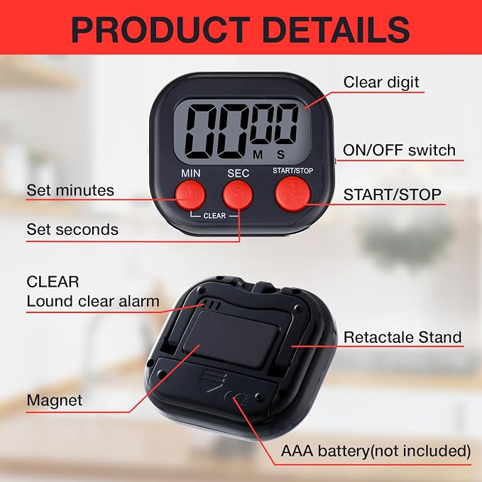 Leumoi 24 Pack Multi-Function Digital Timers with Magnetic Back, Large LCD Display, Loud Alarm, Count up & Countdown, Memory Function for Cooking, Classroom, Study, Exercise & Work(Black and Red)