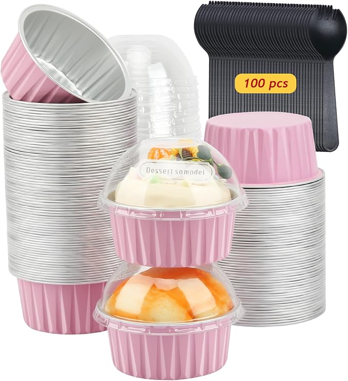 LNYZQUS 5oz Cupcake Pans with Dome Lids 100 Pack, Foil Dot Cake Cups | Mini Cake Tins, Cupcake Containers, Disposable Ramekins, for Baking and Packaging, for Bake Sale, Round Pink