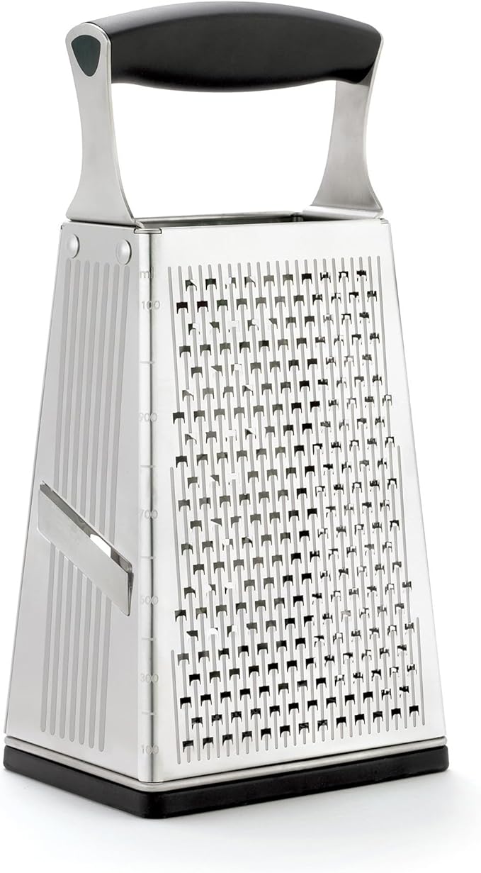 Cuisipro Stainless Steel Cheese Grater with Handle, 4 Sided Box Grater for Kitchen, Ginger Grater Dishwasher Safe, Fruit and Vegetables Slicer, Cheese Shredder for Potato, Chocolate, Parmesan, Ginger