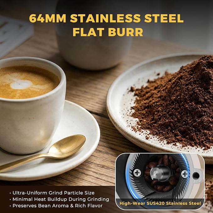 Electric Burr Coffee Grinder, 8 Grind Settings Cream Style White | 64mm Stainless Steel Flat Burr, Low Static & Quiet, for Espresso Pour Over French Press, 3-in-1 Receiving Cup, Easy Clean