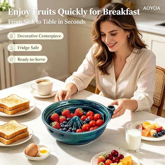 Self Spinning Ceramic Berry Washing Bowl with Drain Holes, 5.5'' Kitchen Fruit Washer Spinner Bowl with Fruit Fork and Waterproof Pad (Small-Green-A)