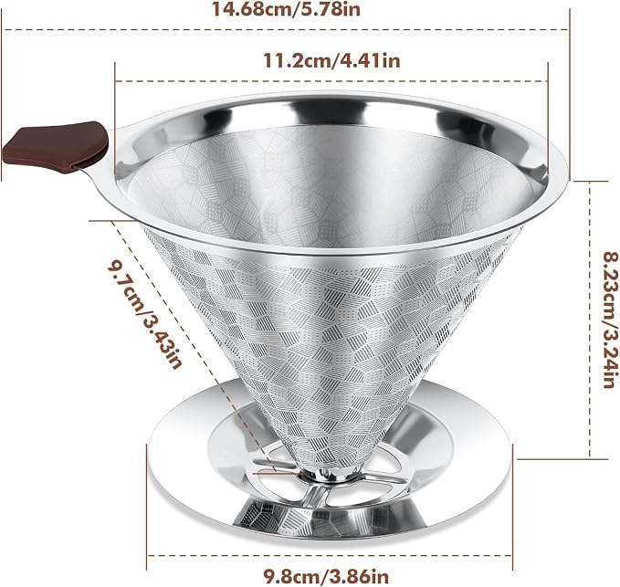 Pour Over Coffee Dripper, Double Mesh with Spoon and Cleaning Brush | Stainless Steel Coffee Filter 1-4 Cup, Metal Cone Filter Paperless, Reusable, Metal Strainer