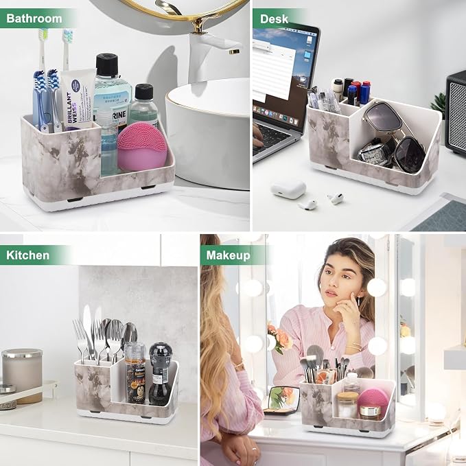 Toothbrush Holders for Bathroom Countertop Organizer (White Marble Grain) | Easy To Clean, Drainage, Non-Slip, Detachable, Kids Electric Toothbrush and Toothpaste Holder for Bathrooms