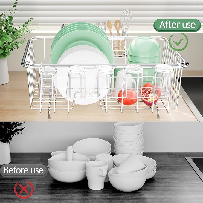 Fanbsy Dish Drying Rack in Sink, Extendable Stainless Steel Dish Drainers for Kitchen Counter, Anti-Rust Dish Dryer Rack with Utensil & Cup Holders, for Inside Sink, Over The Sink