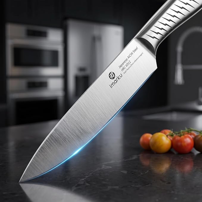 iMarku 14-Piece High-Carbon Stainless Steel Knife Set with Non-Slip Handles | Japanese-style knife set with block and built-in sharpener, distinctive textured finish, and gift box—ideal for gifting.