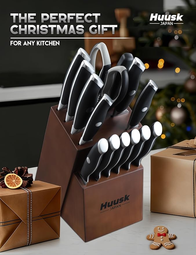 Huusk Kitchen Knife Block Set - Chef Knife Set with Acacia Block Black 14PC | Japanese Stainless Steel, Long-Lasting Edge, Full Tang Ergonomic, All-in-One for Daily Cooking, Elegant Wedding Gift