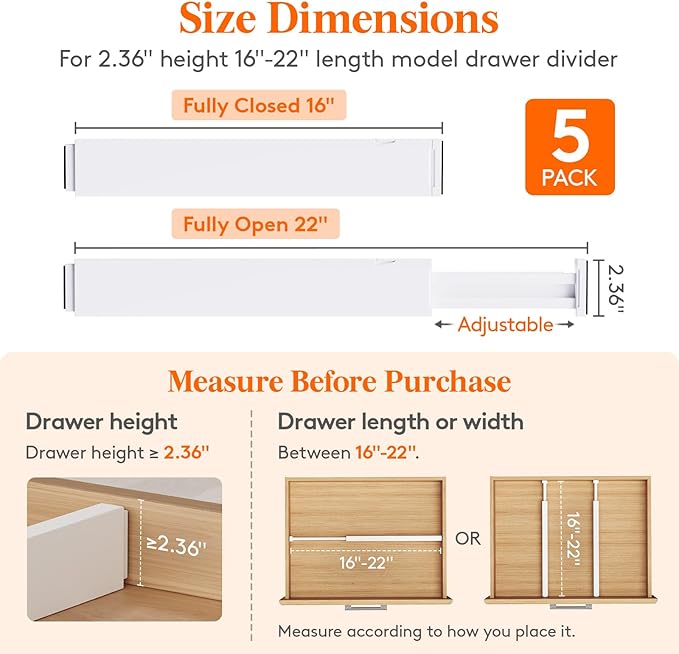 Lifewit 2.36" Upgrade Kitchen Drawer Dividers, Adjustable Drawer Organizer | 16"-22" Expandable White Drawer Separator for Clothes/Utensils, Dresser/Cabinet/Closet/Nursery Organization & Storage, 5 Pack