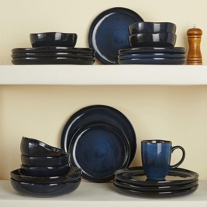 Plates and Bowls Sets, 16 Pieces Dinnerware Set for 4 with Pasta Bowls, Handmade Dishes Set, Chip Resistant Dishware Sets, Microwave Safe Dinner Set, Designed for Interactive Meals, Starry Blue