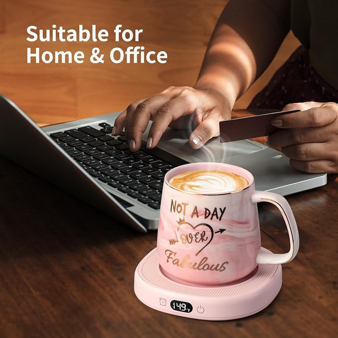 Coffee Mug Warmer & Not A Day Mug Set, Coffee Cup Warmer for Desk | Smart Beverage Warmer Plate for Coffee,Tea,4 Temperature Setting,8-Hours Auto Shut Off,14oz Mug with Spoon & Lid Included