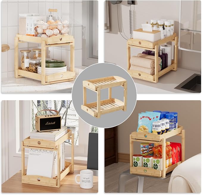 2 Pack Bamboo Under Sink Organizer, 2-Tier Sliding Drawers for Cabinets | Pull-out drawers keep cleaners and tall bottles visible, organized and easy to reach in kitchen or bathroom cabinets
