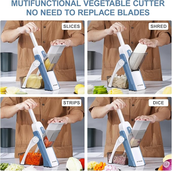 5 in 1 Adjustable Safe Mandoline Slicer for Kitchen with Paring Knife | Safe Mandoline Slicer for Kitchen, Easy to Clean/Storage, Potato Slicing, Strips, Shredding, Dicing, Chop, Cleaning brush
