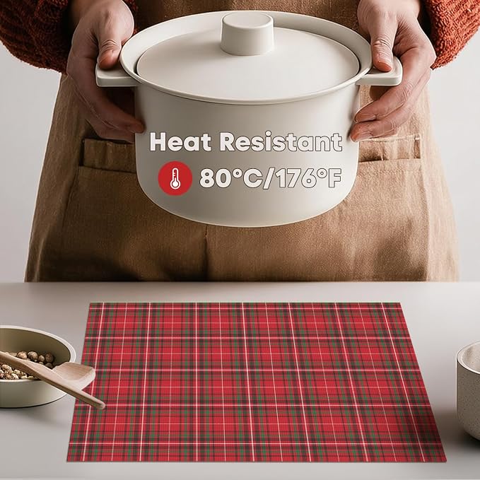 Artoid Mode Red Buffalo Plaid Winter Placemats Set of 4, Washable Heat Resistant Non-Slip Woven Plastic PVC Place Mats for Farmhouse Holiday Party Kitchen Dining Decor