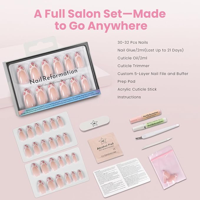Nail Reformation Fleur de Lace Press On Nails, Medium Almond, 30 Pcs | Nude Fake Nails with Lace French Tip & Rose Floral in Glossy Finish, Gifts for Women