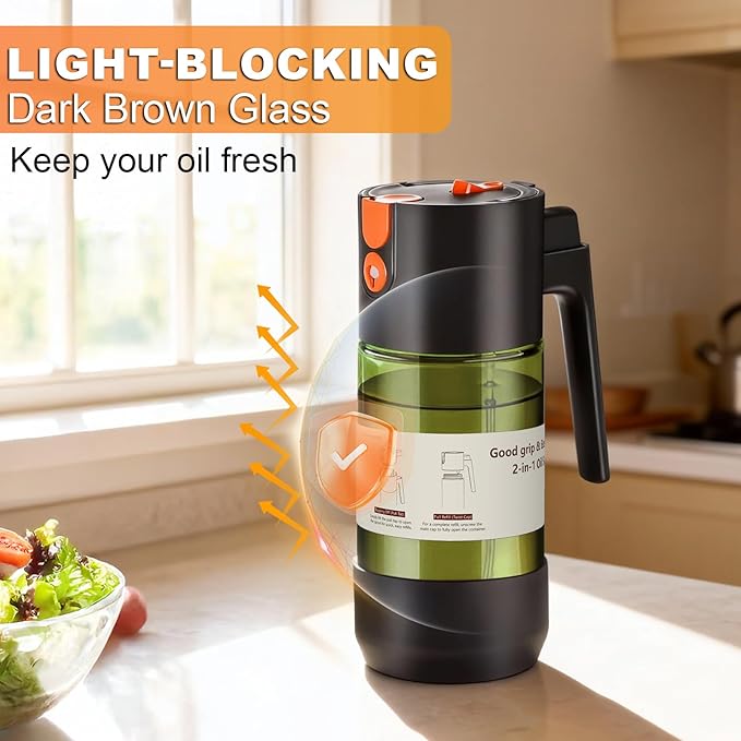 2-IN-1 Oil Sprayer for Cooking with 8 Stickers Light-Blocking Dark Glass Olive Oil Dispenser Bottle for Kitchen 500ml/16.9oz Oil Mister for Air Fryer, BBQ,Salad Even Spray with Portion Control-2PC
