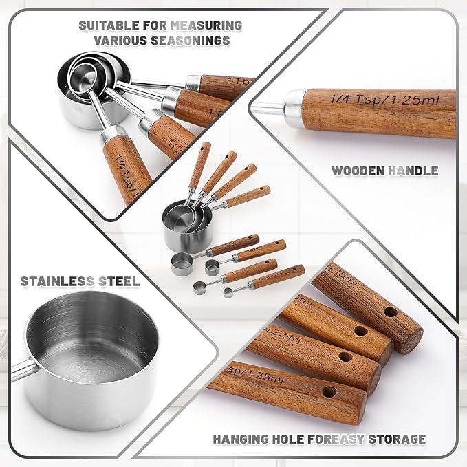 Premium Wood Handle Stainless Steel Measuring Cups and Spoons 8PCS | Food-grade, Rust-proof,Engraved Marks Never Fade,For Dry & Liquid Ingredients,Nesting Saves Space,Ideal Gift for Bakers
