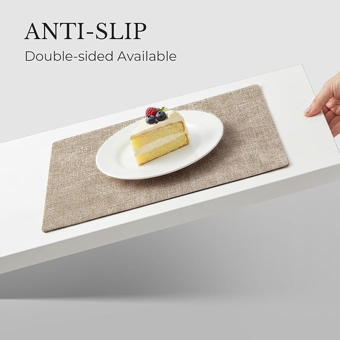 Romanstile Vinyl Placemats Set of 6, Reversible Faux Leather Heat Resistant Wipeable Table Mats, Waterproof Washable Non-Slip Table Placemats for Dining/Kitchen/Party/Outdoor (Grey Khaki, 12" x 17")