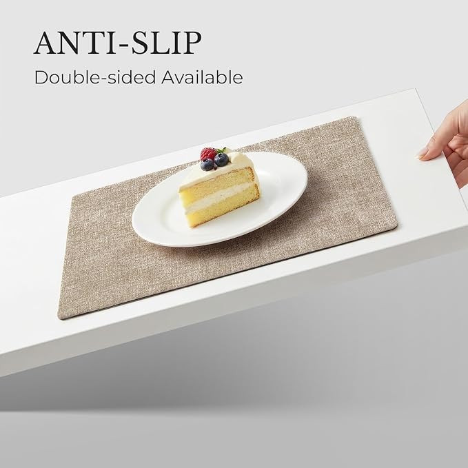 Romanstile Vinyl Placemats Set of 8, Reversible Faux Leather Heat Resistant Wipeable Table Mats, Waterproof Washable Non-Slip Table Placemats for Dining/Kitchen/Party/Outdoor (Grey Khaki, 12" x 17")