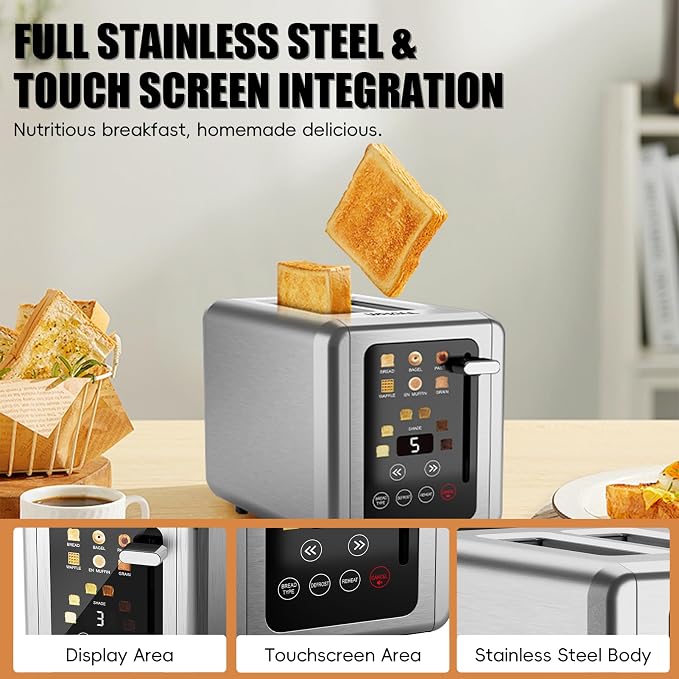 WHALL Touch Screen Toaster 2 Slice,Smart Digital Toaster with 1.5" Wide Slots,6 Shade Settings & 6 Bread Types,Memory Function,Countdown Timer,Brushed Stainless,Ideal Kitchen Gift & Essential